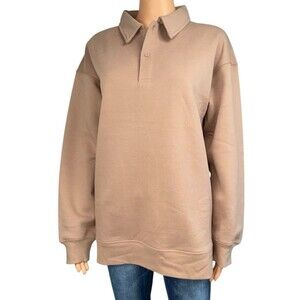Mondetta Womans Medium Natural Brown Tan Collared Fleece Pullover Sweat Shirt